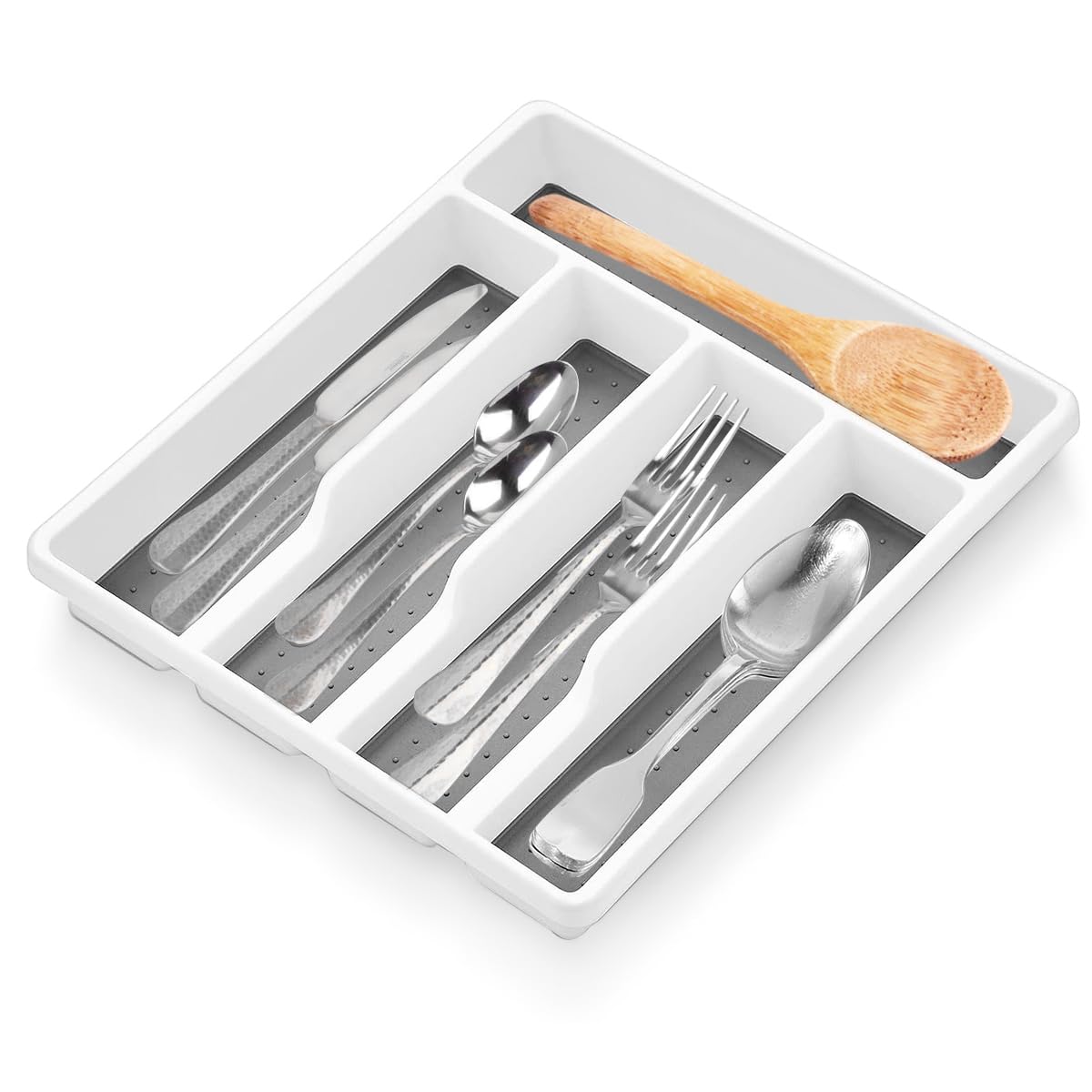 HASTHIP Plastic Cutlery Tray for Kitchen Drawer Silverware Organizer with Non-slip TPR 5 Separate Compartments for Utensils Organization White, Sturdy and BPA-Free HASTHIP Plastic Cutlery Tray for Kitchen Drawer Silverware Organizer with Non-slip TPR 5 Separate Compartments for Utensils Organization White, Sturdy and BPA-Free